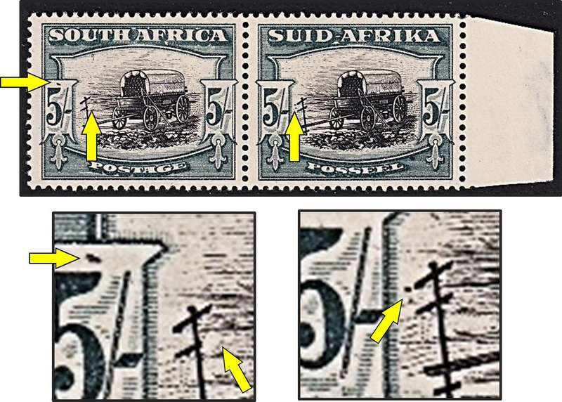 1944 Union 5/- MM(*) Pair - CC.62ac - Broken Yoke & Rare Apostrophe on "5" of 5/-