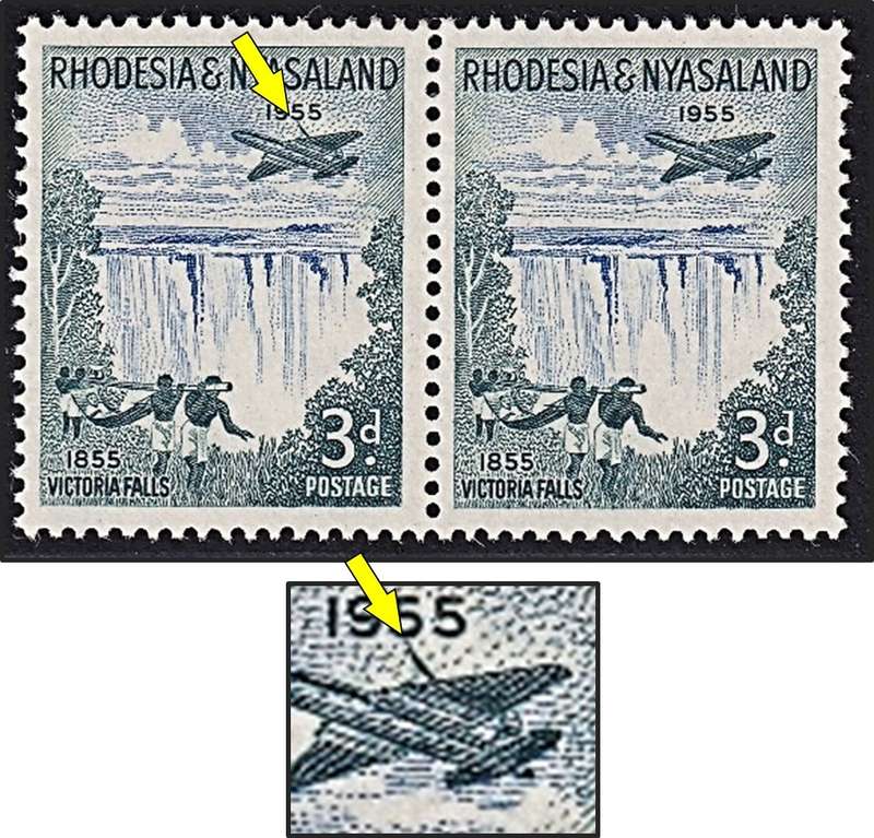 1955 Rhodesia & Nyasaland 3d MM(*) Variety - Cannon Flaw on Left Stamp