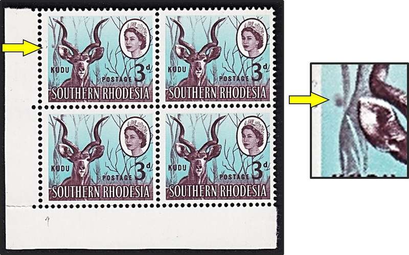 1964 Southern Rhodesia 3d QEII UMM(**) Corner Block Var - Brown Blob on Branch