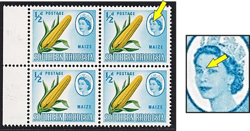 1964 Southern Rhodesia ½d QEII UMM(**) Block Var - Damaged Eye