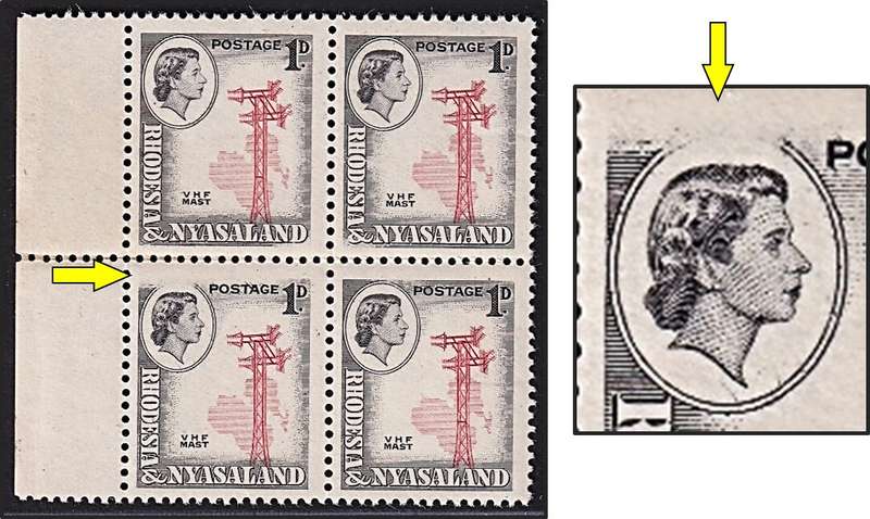 1959 Rhodesia & Nyasaland 1d UMM(**) Block - Missing Top Shading/Top of Oval - RARE!!!