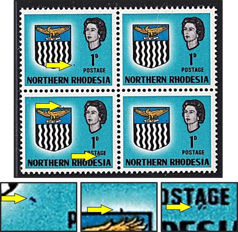1963 Northern Rhodesia QEII 1d UMM(**) Varieties - Bird, Marks under "A" & Spot on Shield - Rare