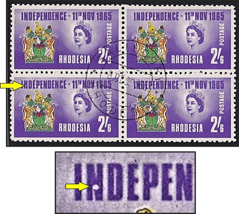 1965 Rhodesia Independence 2/6 VFU Block with Variety - White Blob in "N"
