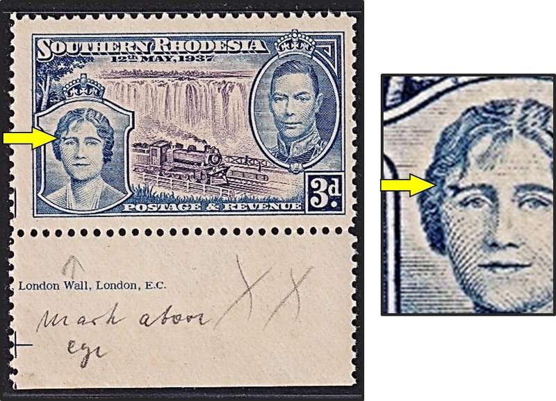 1937 S.Rhodesia 3d Coronation UMM(**) Variety - Blue Blob on Eyebrow