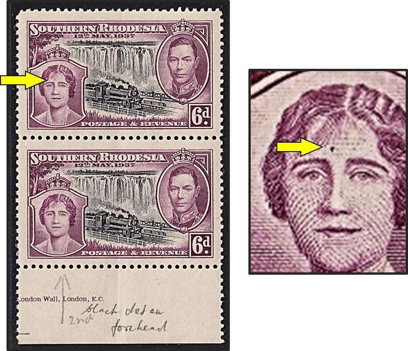 1937 S.Rhodesia 6d Coronation UMM(**) Positional Flaw - Black Dot on Forehead