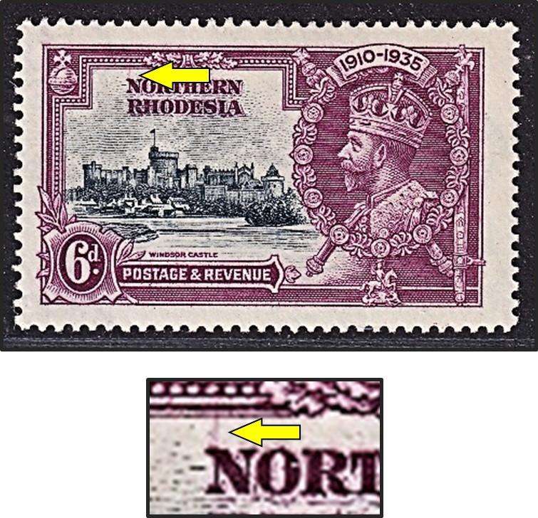 1935 N.Rhodesia 6d Silver Jubilee MM(*) Variety - Purple Line from "N" in NORTHERN