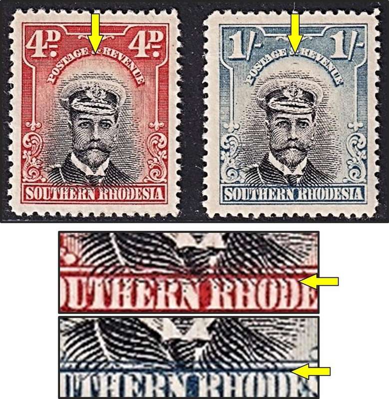 1924 Southern Rhodesia KGV 4d & 1/- MM(*) - Both with Large Downwards Vignette Shift