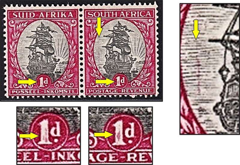 1934 Union 1d MM(**) Variety -  Red Blobs in both 1's & Scratches to Left of Ship
