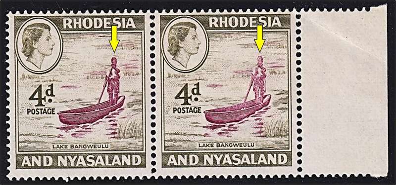 1959 Rhodesia & Nyasaland 4d UMM(**) Variety - Boat & Boatman Much Ligher on Right Stamp