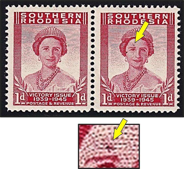 1947 Southern Rhodesia 1d Victory Issue UMM(**) Variety - Red Mark above Eyebrow