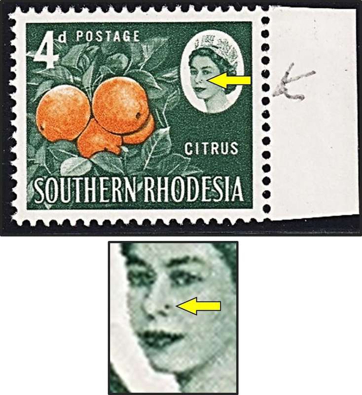 1954 Southern Rhodesia 4d UMM(**)Variety - Stud in Queen's Nose