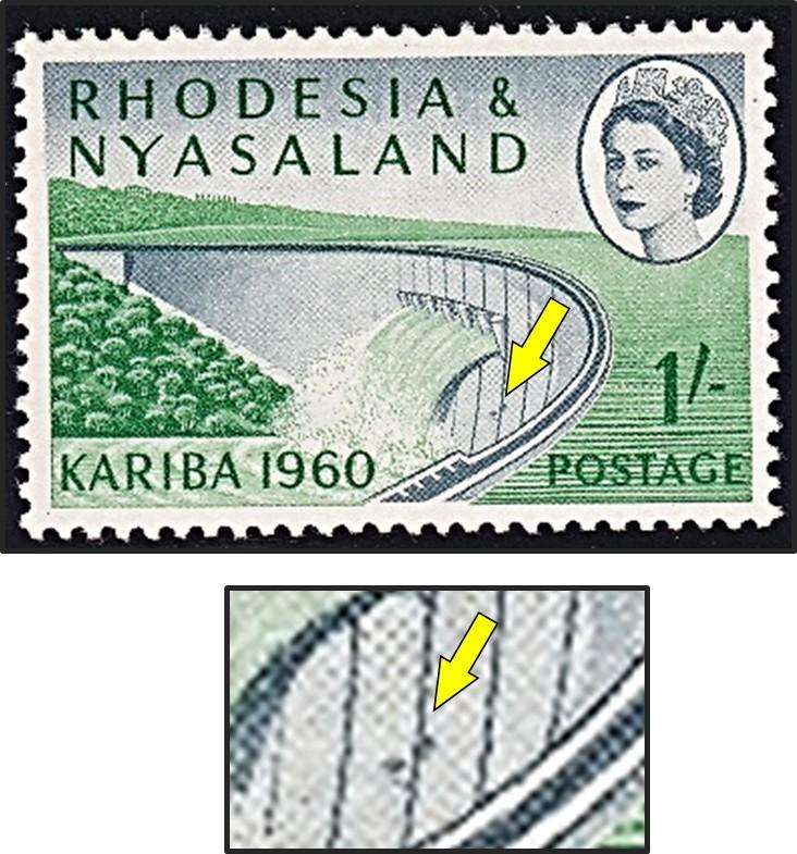 1960 Rhodesia & Nyasaland 1/- UMM(**) Variety - Blue Marks on Dam Wall
