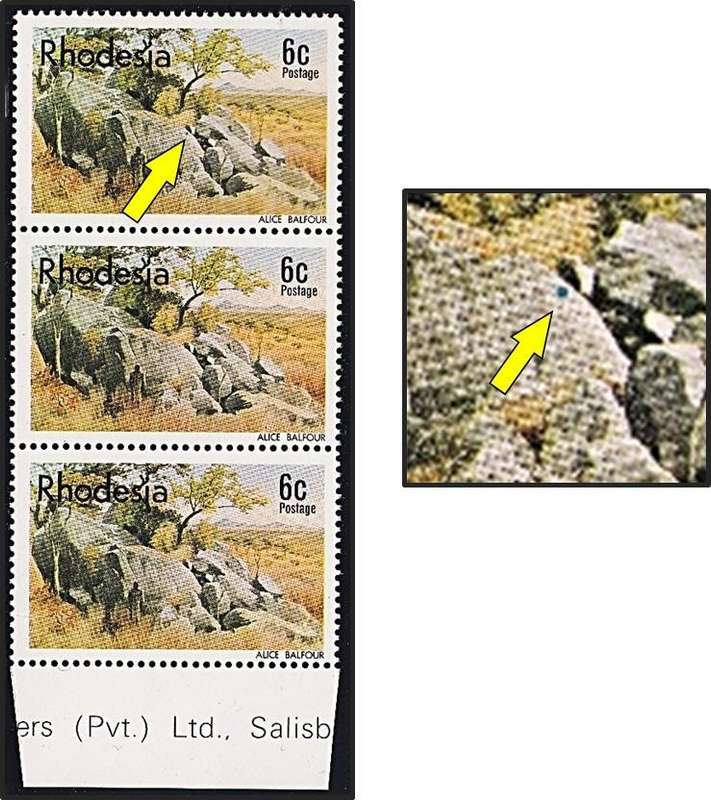 1977 Rhodesia 6c UMM(**) Listed Positional Flaw - Blue Mark on Rock