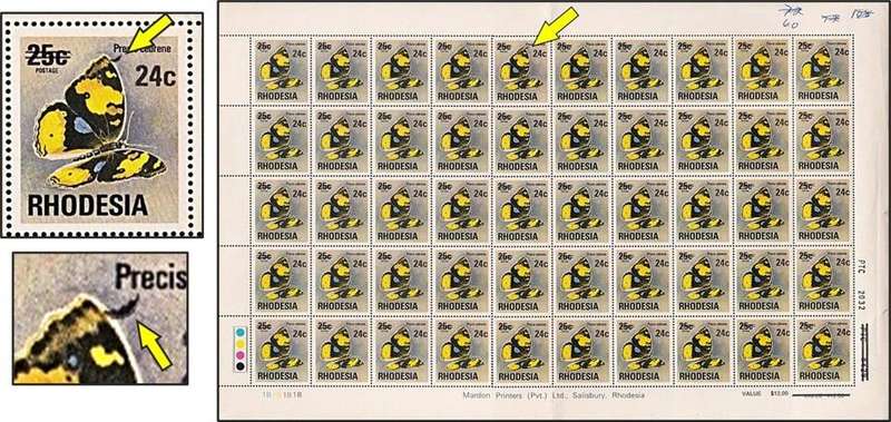 1974 Rhodesia Surcharged Butterfly Full UMM(**) B-Sheet with Variety - "Wing Flaw"