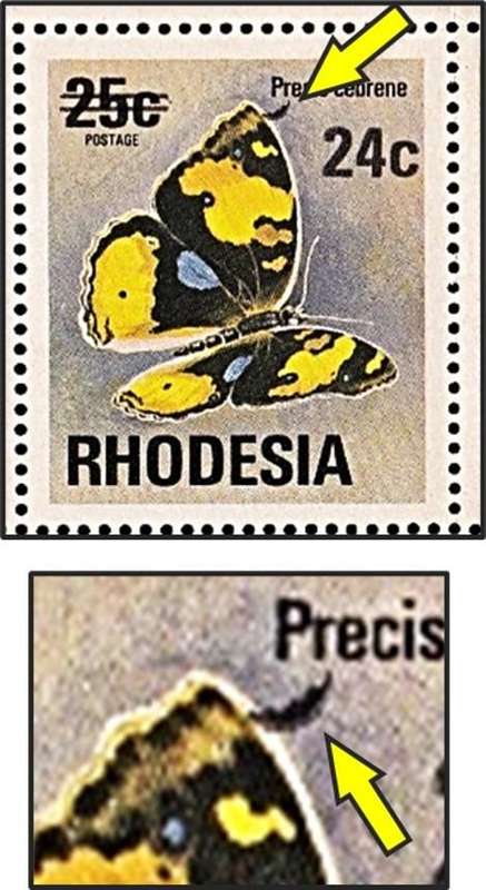 1974 Rhodesia Surcharged Butterfly Full UMM(**) B-Sheet with Variety - "Wing Flaw"