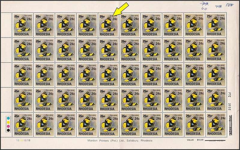 1974 Rhodesia Surcharged Butterfly Full UMM(**) B-Sheet with Variety - "Wing Flaw"