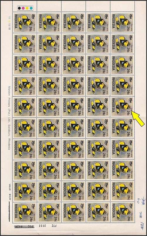 1974 Rhodesia Surcharged Butterfly Full UMM(**) B-Sheet with Variety - "Wing Flaw"
