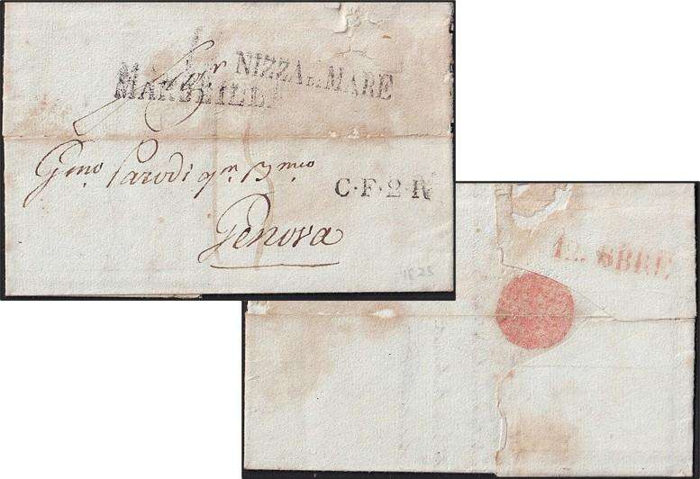 1825 French Letter/Wrapper with NIZZA di MARE (Nice) & MARSEILLE Handstamps