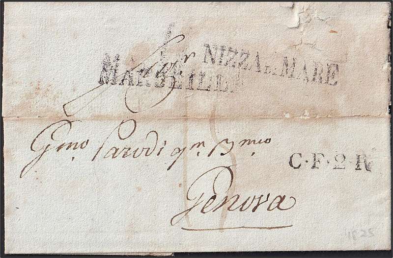 1825 French Letter/Wrapper with NIZZA di MARE (Nice) & MARSEILLE Handstamps