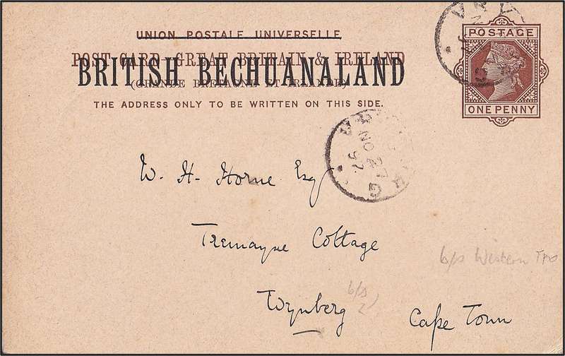 1892 British Bechuanaland Postcard with "VRYBURG_NO 27" Cancellations