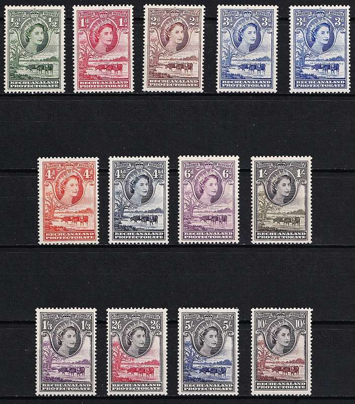 1955 Bechuanaland QEII MM(*) Set & 3d Variety  @ CV  (R3,102)