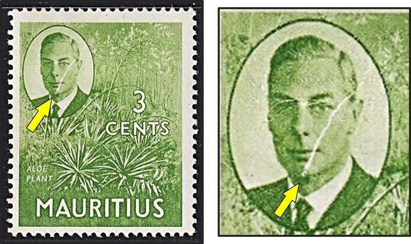 1950 Mauritius KGVI 3c Green MM(*) Variety - Slash through King's Face - RARE