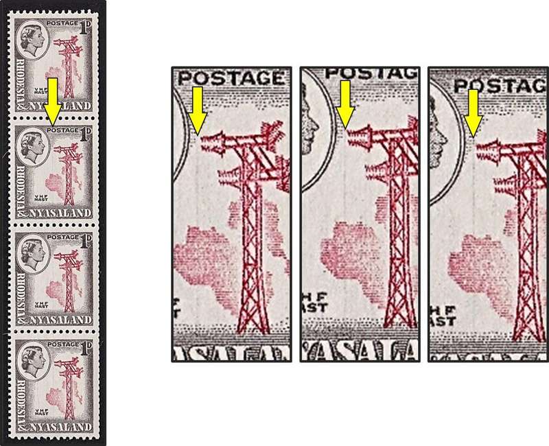 1959 Rhodesia & Nyasaland 1d Coil UMM(**) Strip - Prominent DR Blade Flaws