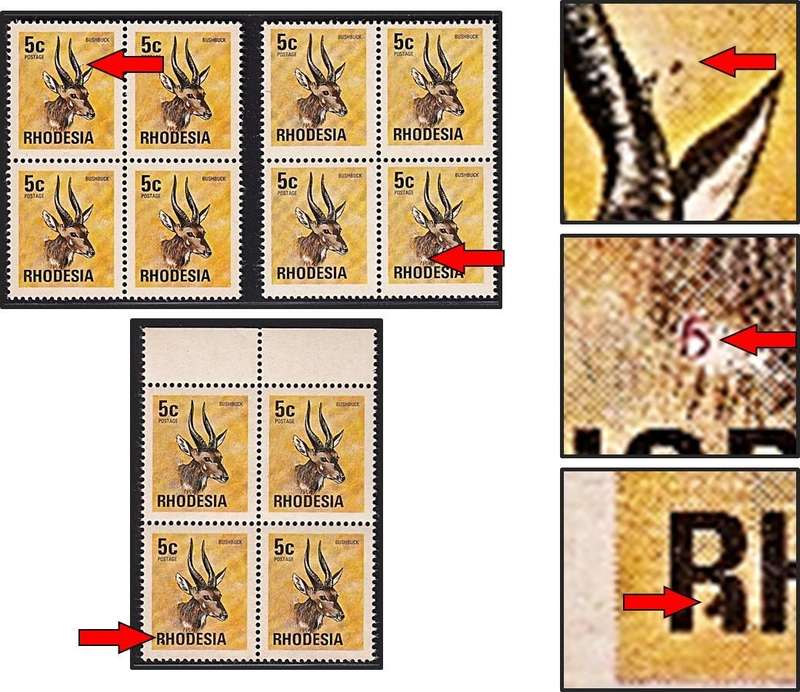 1977 Rhodesia 5c Kudu UMM(2)/MM(1) Listed Var - Horn Flaw, Brand Flaw & Damaged "R"