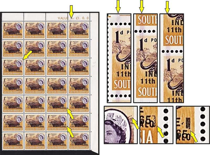 1966 Rhodesia 1d UMM(**) Variety - Large Vertical Smudge, 3 dots on Oval & Bar Flaw