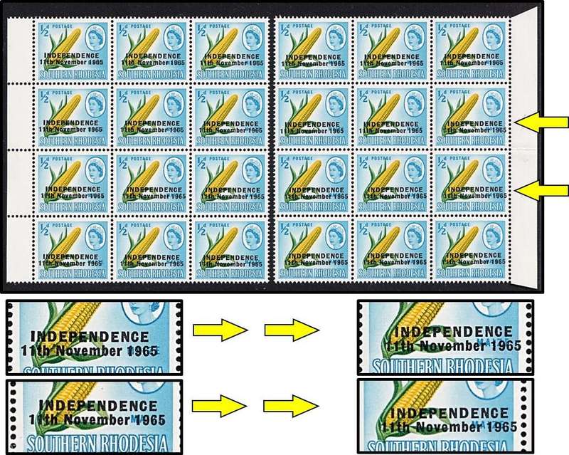 1966 Rhodesia ½d UMM(**) Overprint Variety - Gradual Shift to Right on Two Rows