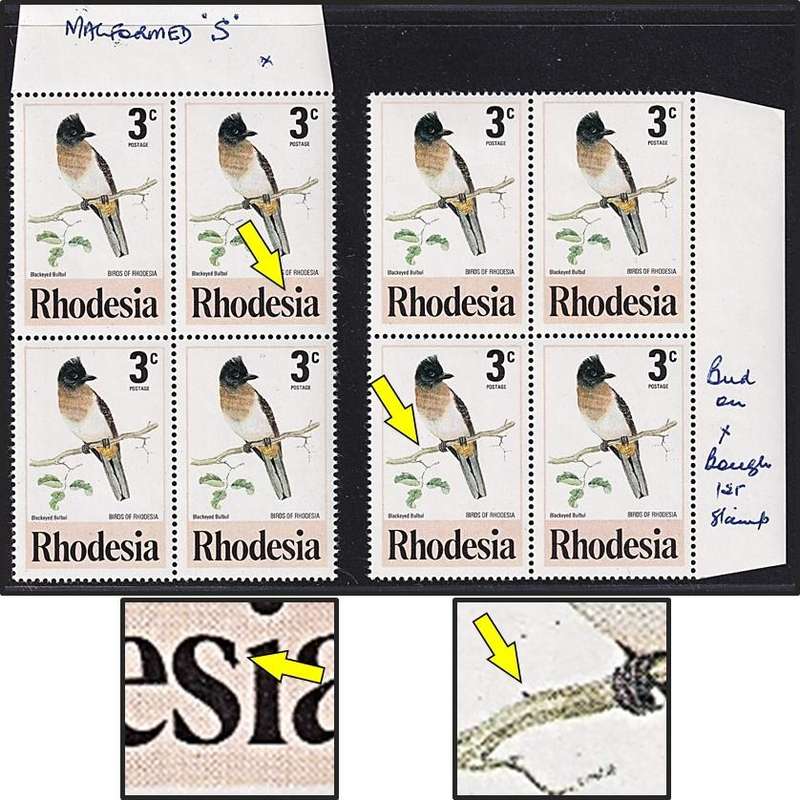 1977 Rodesia 3c Bird Issue UMM(**) Listed Varieties - Malformed "S" & Bud on Bough