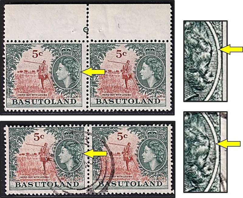 1961 Basutoland 5c QEII UMM/VFU Pairs - Var.2 - Both Weak Entries behind Queen's Head @ R1,700+