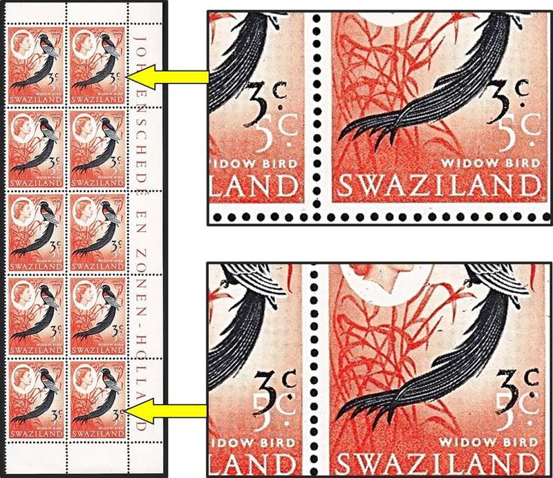1968 Swaziland 3c on 5c UMM(**) Block - Gradual Surcharge Shift into Bird's Tail