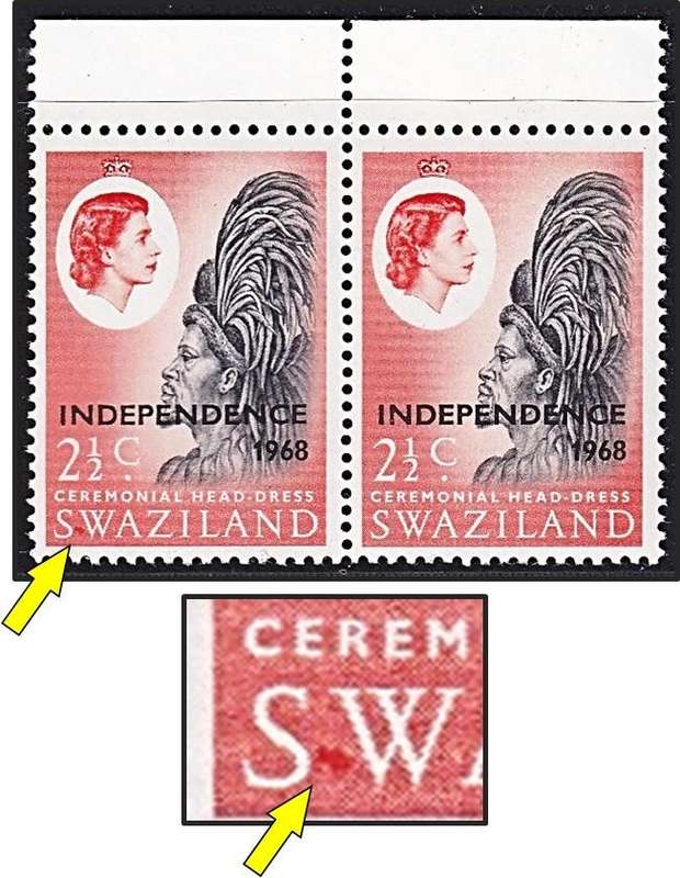 1968 Swaziland 2½c UMM(**) Pair with Listed Variety - Red Blob between S & W
