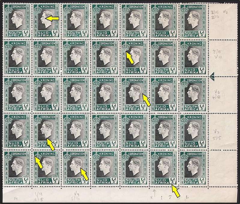 1937 Union ½d Coronation UMM(**) Sheet UHB Var.2,6,7,9,11,12 + INXOMSTE Flaw