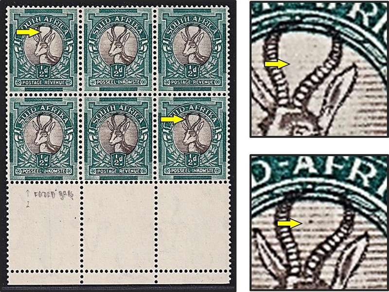 1936 Union ½d MM/UMM Up Wmk UHB Varieties - Missing Shading & Dot between Horns