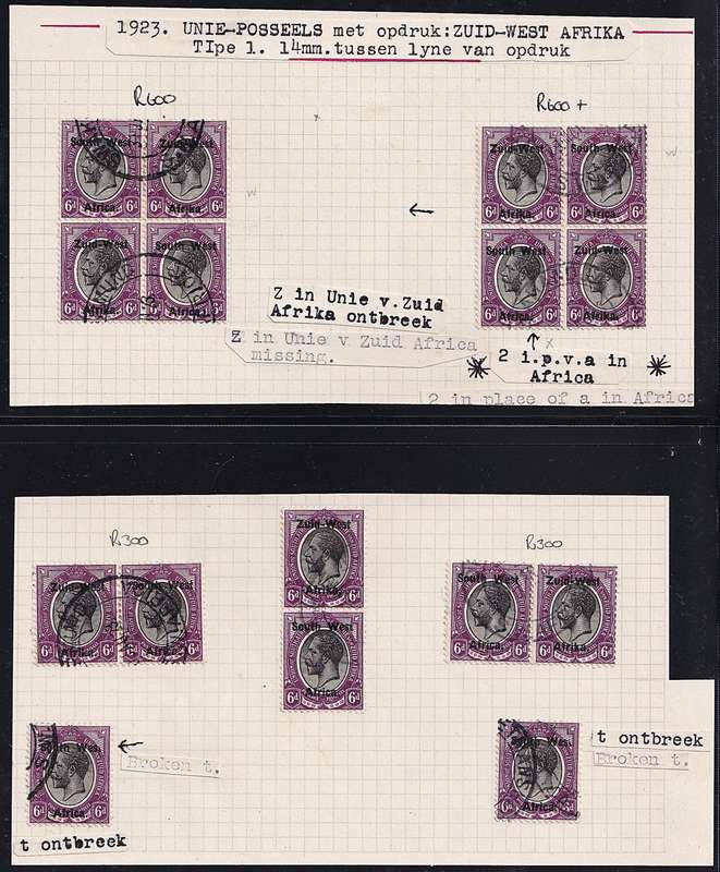 1923 SWA Forerunners, King's Head Pairs & Varieties Indicated on Piece  @ CV  R16,700+