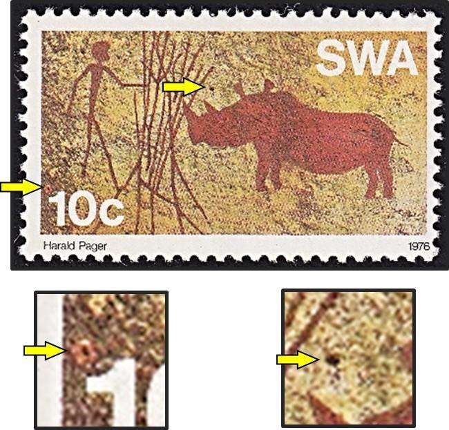 1976 SWA 10c Rock Paintings UMM(**) Flaw - Red Circle over "1" of 10c