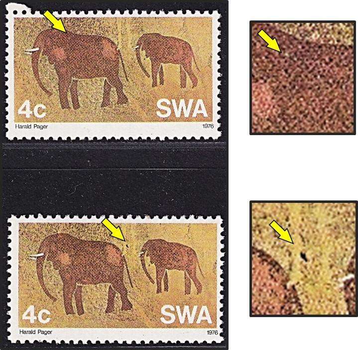 1976 SWA 4c Rock Paintings UMM(**) Flaws - Green Spot on Ear & Bird between Elephants