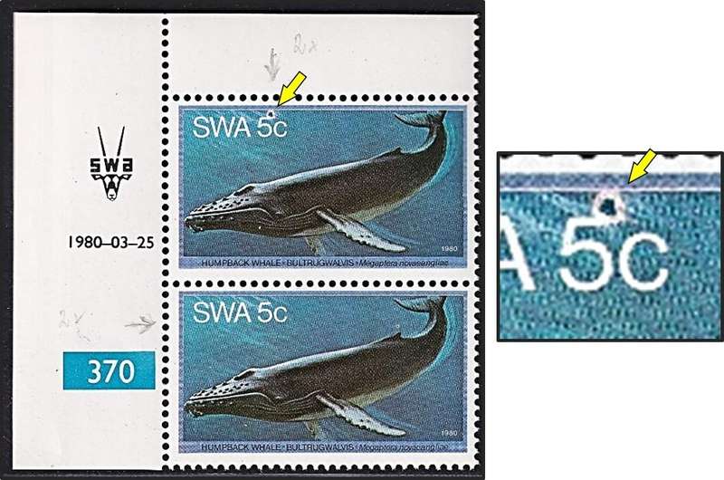 1980 SWA 5c Whale UMM(**) Positional Variety - Circle over "5" of 5c - RARE
