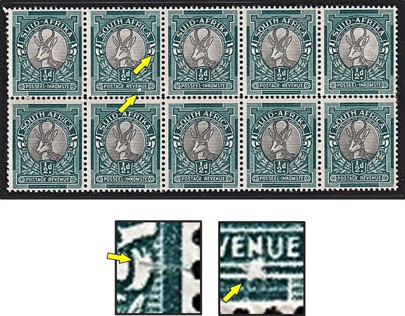1950 Union  ½d UMM(**) Block with Paper Fold - White Crack Flaw & Blob under "N" - RARE