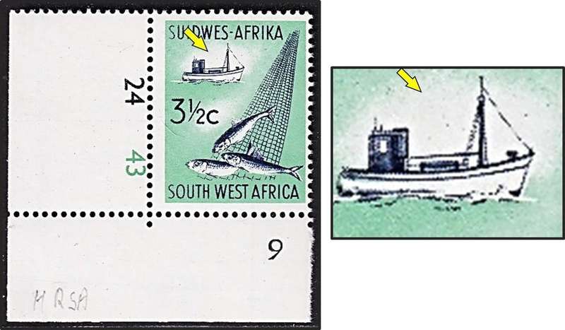 1967/70 SWA 3½c UMM(**) CC.295b Control Corner Flaw - Missing Top Rigging/Line