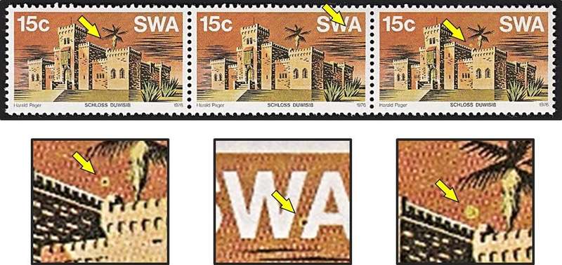 1976 SWA 15c UMM(**) Castles - Sun/Moon Flaws on all Three Stamps