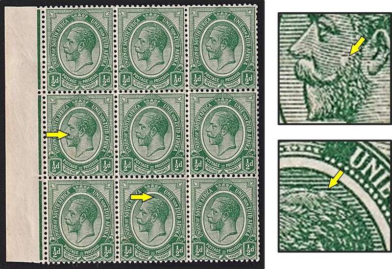 1913 Union ½d King's Head UMM(**) Block Varieties - White Spot on Cheek & On Top of Head