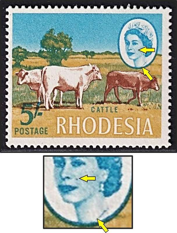1966 Rhodesia 5/- UMM(**) Variety - White Neck & Beauty Spot on Queen - RARE