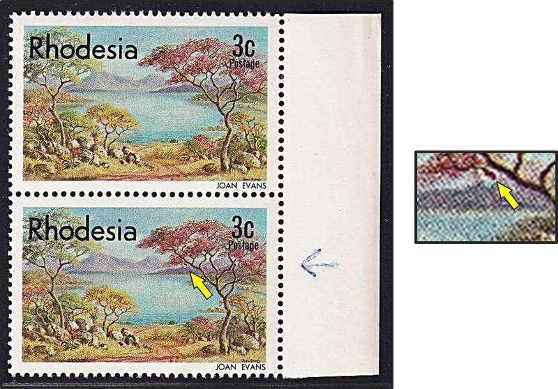 1977 Rhodesia 3c UMM(**) Listed Variety - RSC.167a - Red Mark on Hill under Tree
