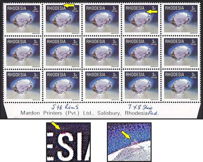 1978 Rhodesia 3c MM/UMM Varieties - Red Mark on "S" & Red Mark on Amethyst