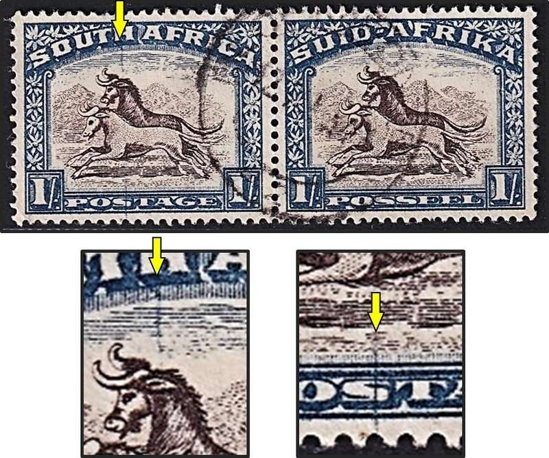 1939 Union 1/- VFU Gnu Pair - UHB Var - Blue Line Above/Below Gnu - Scarce as Used!