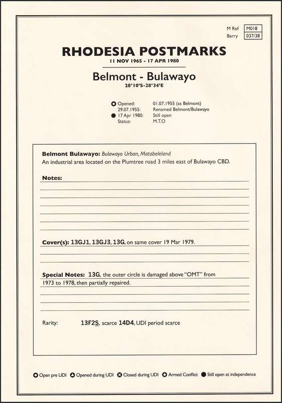 Rhodesia Postmarks Described - Enkeldoorn, Belmont, Figtree & Featherstone