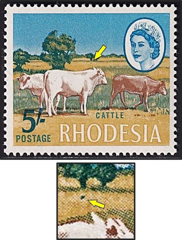 1966 Rhodesia 5/- UMM(**) Variety - "Green Bush Flaw"